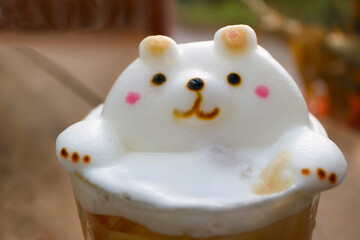 Closeup of Adorable Fluffy Polar Bear 3D Latte Art on Iced Coffee