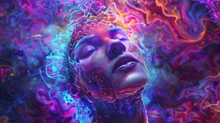 A Detailed and Realistic Portrayal of a Person's Face with Intricate Patterns and Vibrant Colors Overlaying Their Skin, as if Their Mind Is Merging with the Psychedelic Experience. Psychedelic Vision