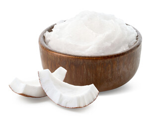 Brown bowl of coconut oil and fresh coconut pieces on white background