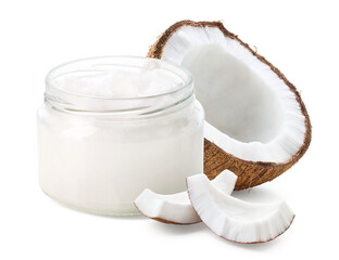 Glass jar of coconut oil and fresh coconut halve and pieces on white background - 768916395