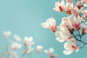 Close up of pink and white magnolia flowers on branch against blue sky