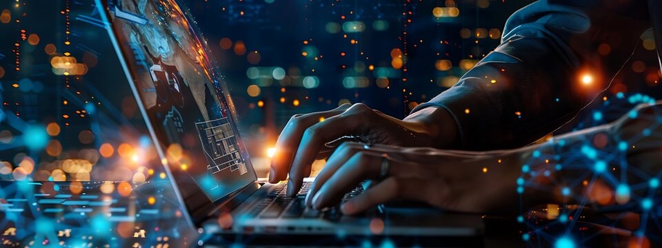 A freelancer's hands busy on a laptop, linked to a worldwide outsourcing hub, captured in a close-up shot