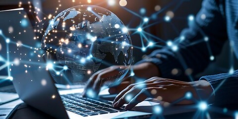 A freelancer's hands busy on a laptop, linked to a worldwide outsourcing hub, captured in a close-up shot