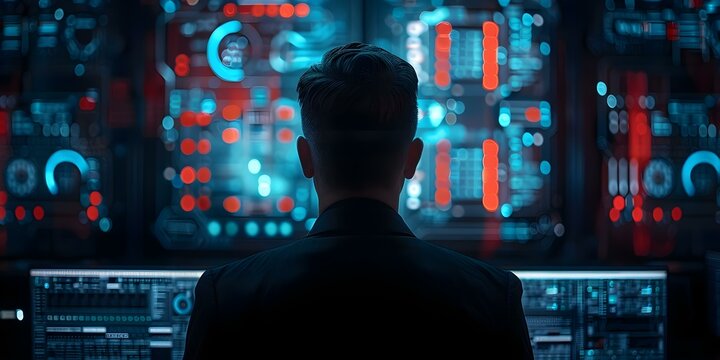 Male engineer in System Management Center overseeing disaster recovery plans backup strategies and cybersecurity consultation near holographic projects. Concept Technology, Engineering