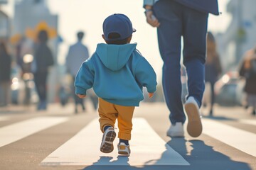 Obraz premium A rear view of small toddler boy with parents walking outdoor