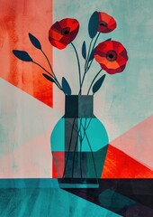 Minimalistic artwork of a vase with poppy seeds flowers