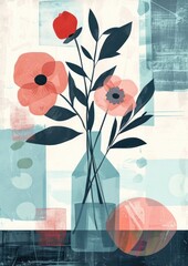 Minimalistic naive kids style artwork of a vase with peony flowers