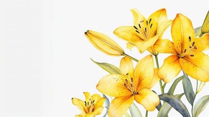 Fototapeta na wymiar watercolor illustration border frame of yellow lily flower, clean white background, free copy space on the left
