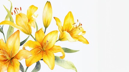 Obraz premium watercolor illustration border frame of yellow lily flower, clean white background, free copy space on the left
