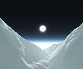 Moon in snowy peaks, mountains under the moon, 3D rendering