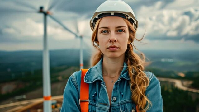 Female engineer standing on wind turbine