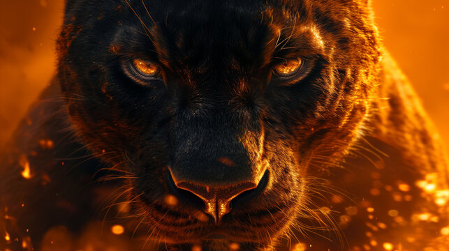 A black tiger with yellow eyes staring at the camera. The tiger is in a fiery orange background