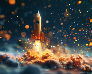 Imagine a pencil transforming into a rocket blasting off with dynamic force amidst a backdrop of glittering bokeh lights embodying swift innovation  high resolution