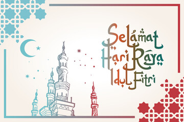 Translation: Happy Eid Mubarak. Selamat Hari Raya Idul Fitri. set of logo for Eid al-Fitr vector illustration. suitable for greeting card, poster and banner

