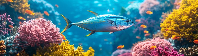Neon blue tuna near coral reef medium shot the coral s colors enhanced by the tuna s radiant glow creating an underwater spectacle  3D render
