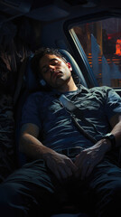 A man is sleeping in a car. The car is dark and the man is wearing a blue shirt