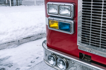 AThe rescue service. The cabin of the fire truck. Multi colored headlights of a fire truck. Chrome...