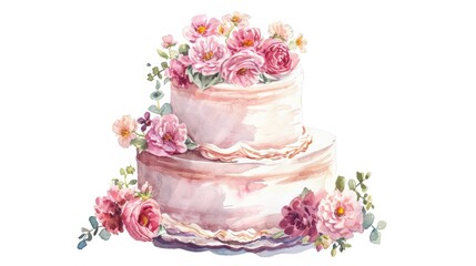 watercolor illustration of tender wedding cake with flowers on top, clean white background