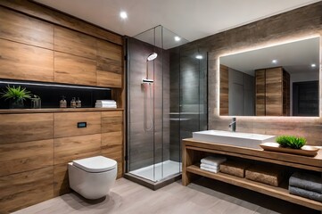Modern bathroom interior with glass walk-in shower, vanity, and toilet, natural materials, big mirror, LED lighting, towels, indoor plants