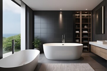 Contemporary bathroom interior, two freestanding tubs, dark walls, big window, mirror, LED lighting, natural materials, negative space