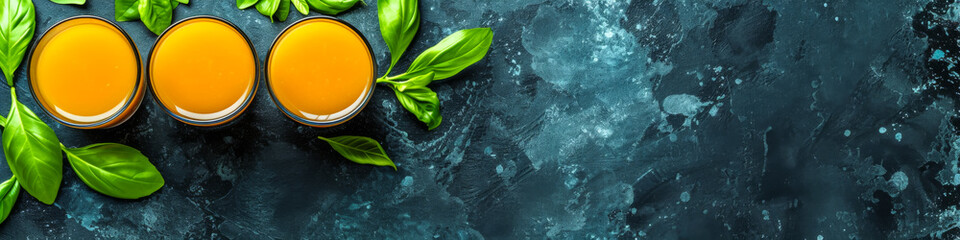 Three glasses of orange juice are on a table with green leaves. The table is on a blue background - obrazy, fototapety, plakaty