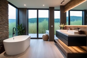 Contemporary bathroom interior, vanity, freestanding tub, round bathroom stool, mirror, big window, LED lighting, natural materials, indoor plant