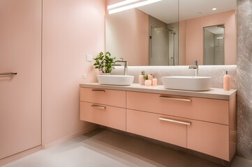 Fototapeta na wymiar Bathroom interior design, double vanity, peach fuzz color, big mirror, LED lighting, stylish white sink, cabinets, indoor plant