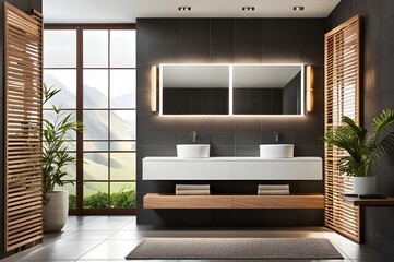 Modern bathroom interior, double vanity, double mirror, dark, wall, big window, LED lighting, natural materials, indoor plants, towels