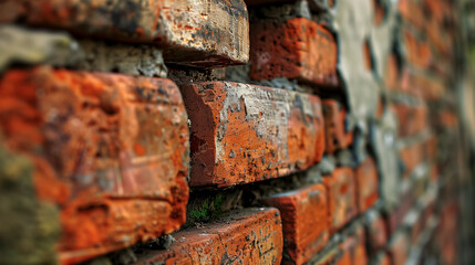 Close-up of weathered brick wall with selective focus.