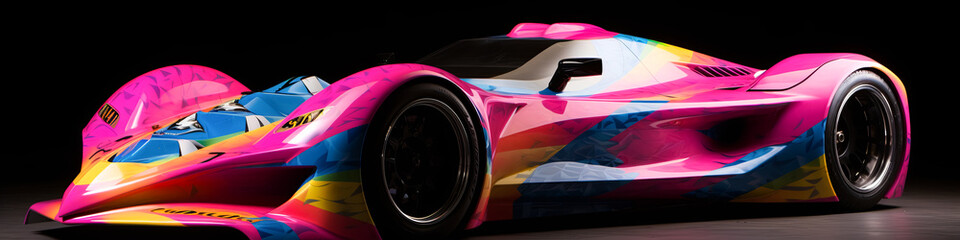 A colorful car with a rainbow design on it. The car is parked on a dark surface