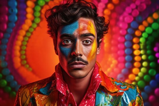Colorful-Faced Man With Mustache Generative AI
