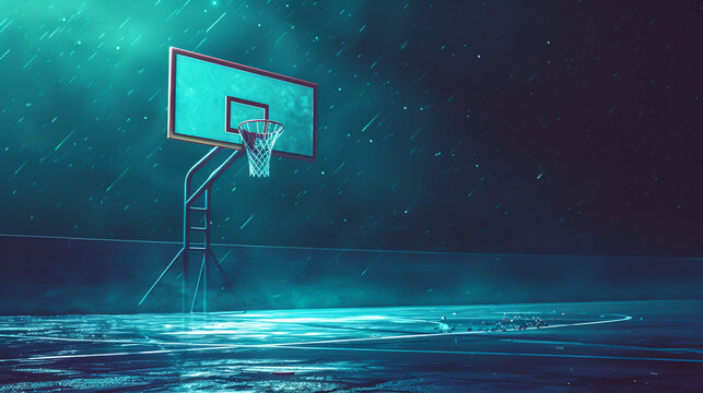 Basketball hoop silhouette against a neon blue backdrop side angle the net s shadows playing on the court creating a surreal dreamy ambiance graphic design
