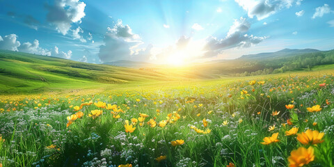 A bright sun shines on the green grass, yellow wildflowers of daisies blooming  on  blue sky background.A beautiful spring summer meadow..banner