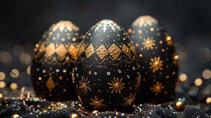 Black Easter eggs with gold ornaments - obrazy, fototapety, plakaty