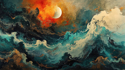 A painting of a stormy ocean with a large red moon in the sky. The mood of the painting is intense and dramatic - obrazy, fototapety, plakaty