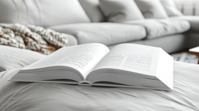 Open Book on a Comfortable Bed in a Bright Room