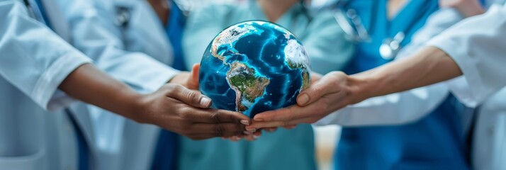 Multicultural Medical Team Holding a Globe, Representing Worldwide Healthcare Commitment