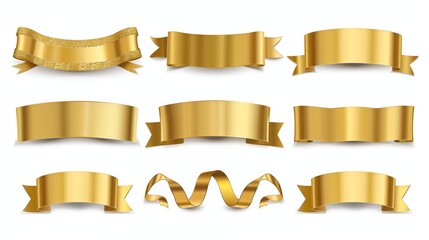 Set of gold banner label ribbons with white background. Generated by artificial intelligence.