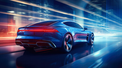 A blue car is driving down a road with a city skyline in the background. The car is sleek and modern, with a futuristic design. Scene is one of excitement and adventure