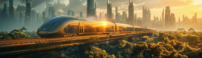Naklejka premium A high-speed train slicing through a futuristic landscape blurring the lines between natural and engineered environments