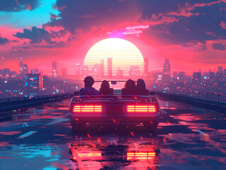 A group of friends gathered in a convertible car cruising down a neon-lit boulevard with the skyline silhouetted against a synthwave sunset