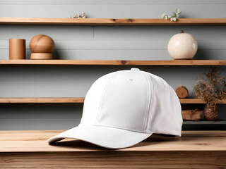 White blank baseball hat on a wooden shelf mockup, product photo background template.