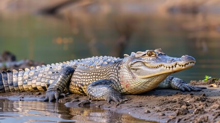 Obraz premium A diseased crocodile basking on the riverbank, its normally sleek scales 
