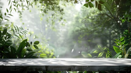 Beautiful spring background with green juicy young foliage and white empty wooden table in nature outdoor. Natural template with Beauty bokeh and sunlight, generative ai