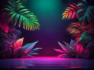 Fototapeta na wymiar A dark room with a wooden floor and colourful plants, computer graphics by Jan Tengnagel, Artstation, computer art, retro wave, outrun, synth-wave