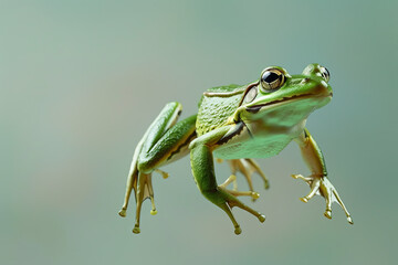 A green frog captured mid-leap against a clean background - obrazy, fototapety, plakaty