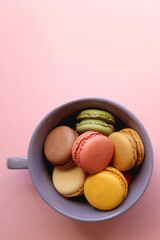 Purple cup filled with pastel macarons on pink background. Top view.