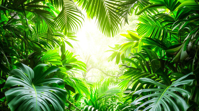 A lush green jungle with a bright sun shining through the leaves. Concept of peace and tranquility, as well as the beauty of nature