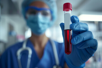 Healthcare professional in scrubs and protective gear holding a blood sample vial in a clinical setting - obrazy, fototapety, plakaty