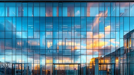 Modern glass panel facade texture reflecting the sky and surrounding architecture in a seamless pattern - obrazy, fototapety, plakaty